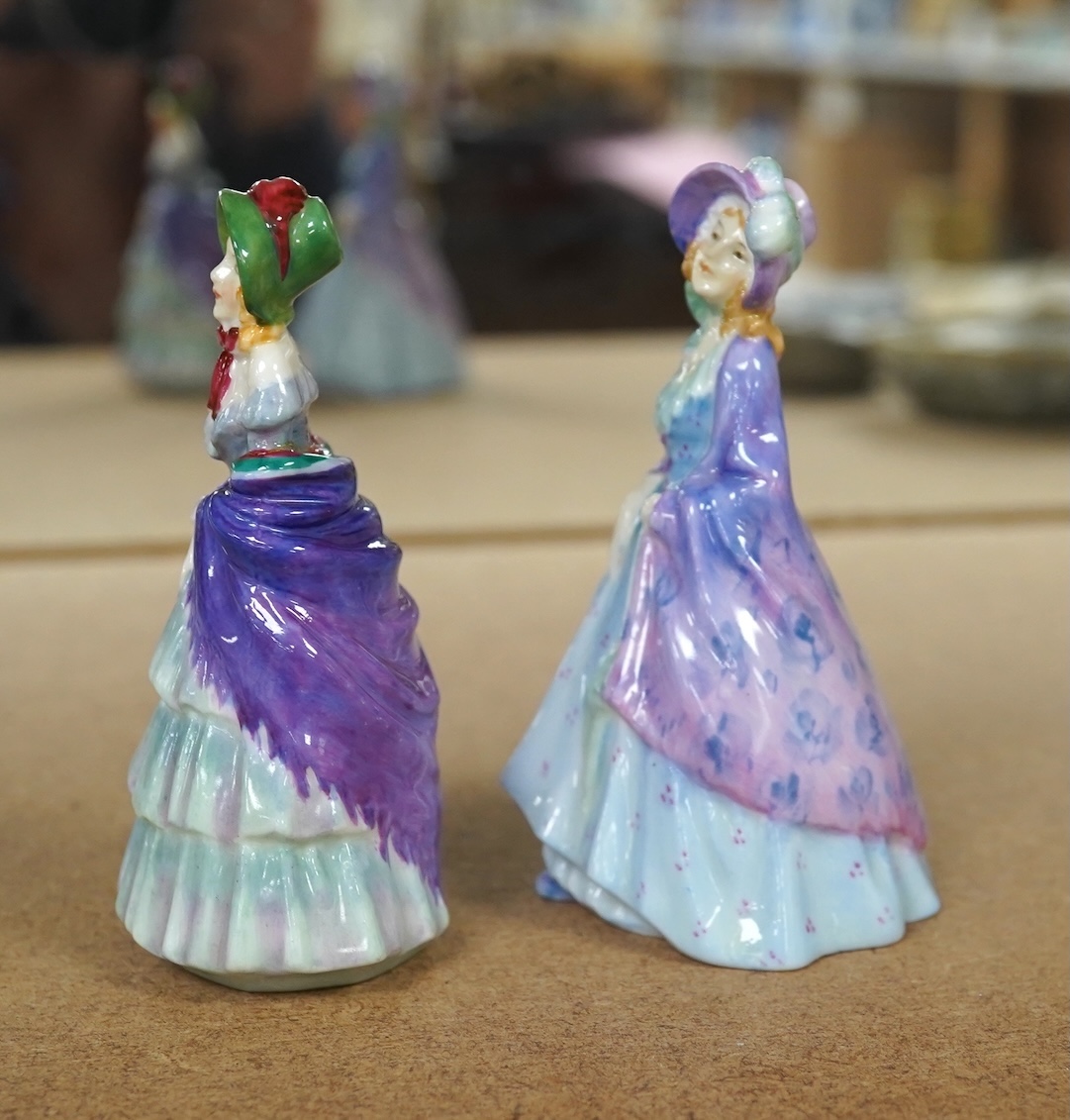 Two Royal Doulton M-series figures, M2 A Victorian Lady and M3 The Paisley shawl, 10cm high. Condition - one repaired